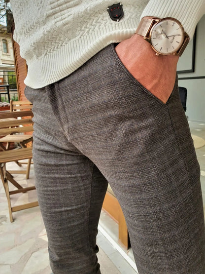 Henderson Brown Slim Fit Plaid Cotton Pants - BRABION
