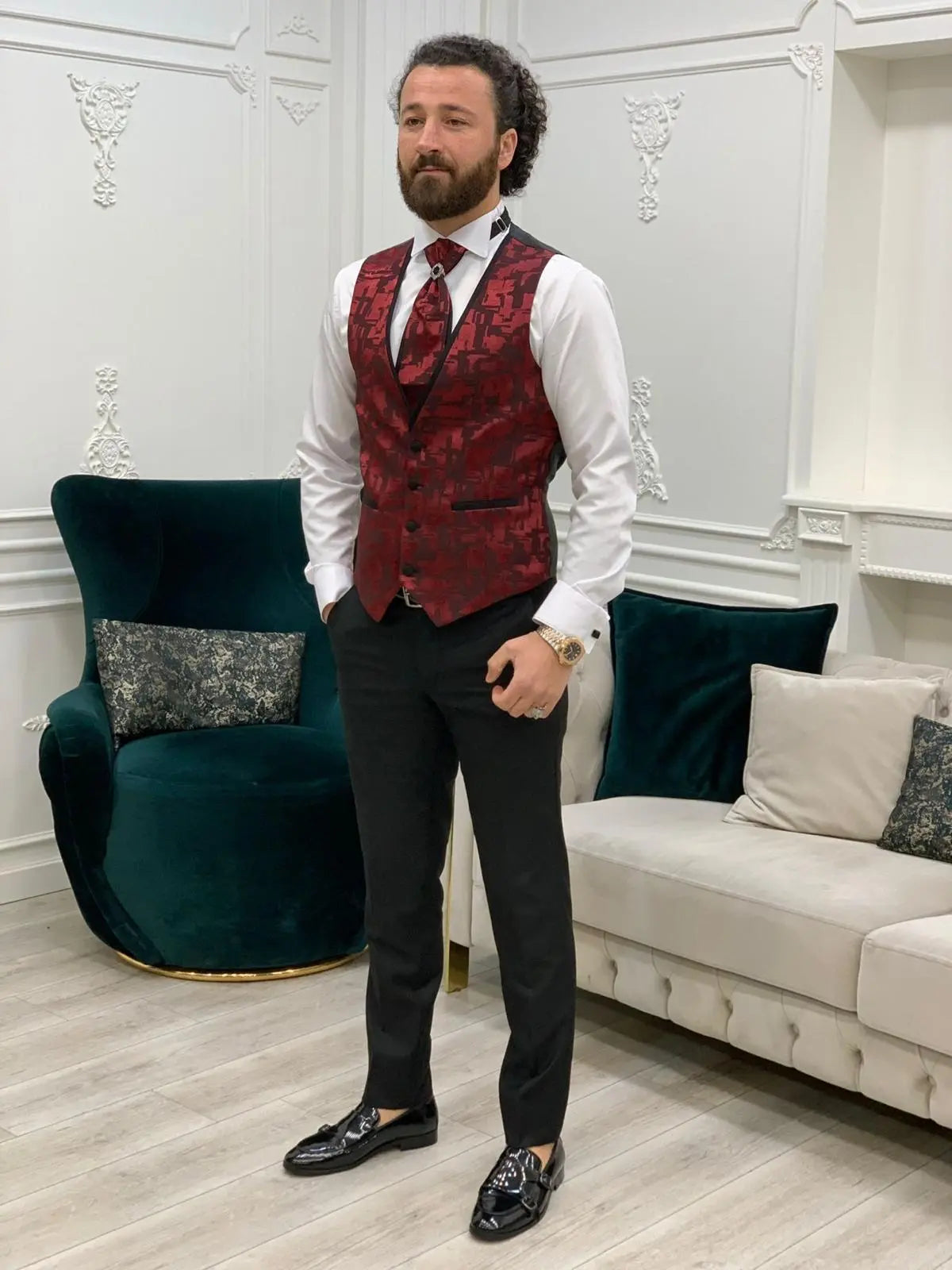 Paris Burgundy Black Slim Fit Peak Lapel Wedding Suit - BRABION