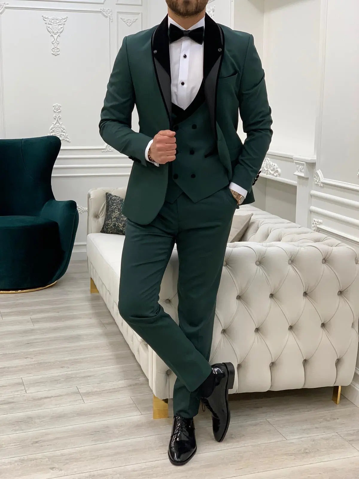 Bergamo Green Slim Fit Velvet Peak Lapel Tuxedo - BRABION