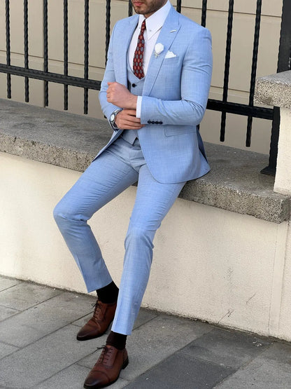 Edmond Sky Blue Slim Fit Peak Lapel Wool Suit: Elegance Redefined BOJONI