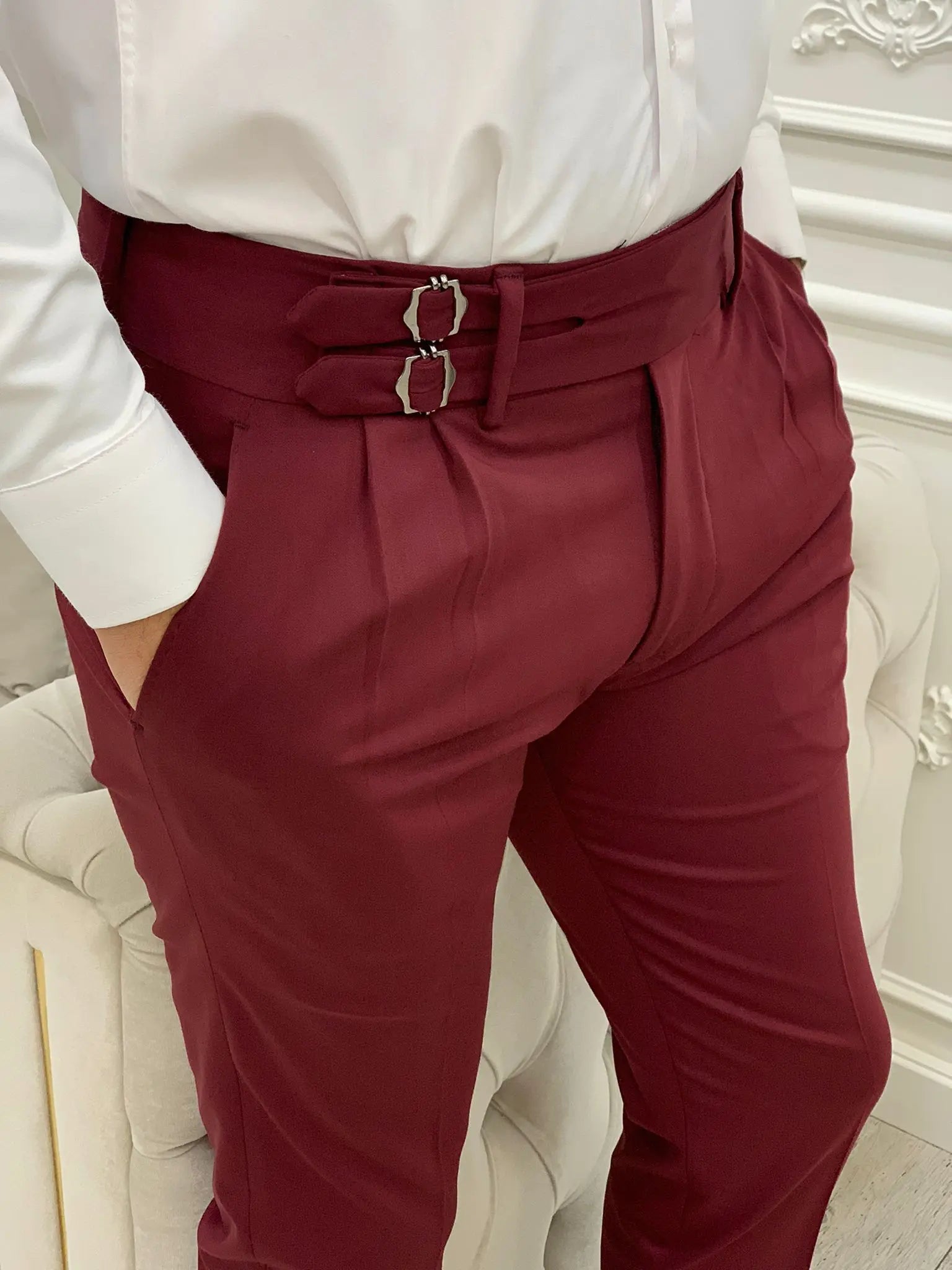 Burgundy Buckled Canvas Trousers for Every Occasion - BRABION