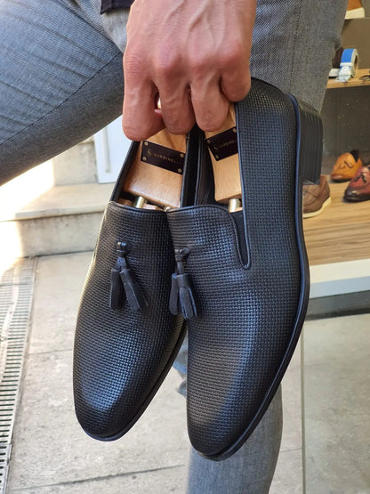 Fort Worth Black Patterned Tassel Loafer - Elegant Leather Shoes for Every Occasion - BRABION