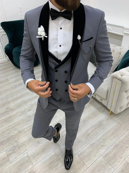 Acacia Gray Slim Fit Velvet Shawl Lapel Tuxedo - BRABION