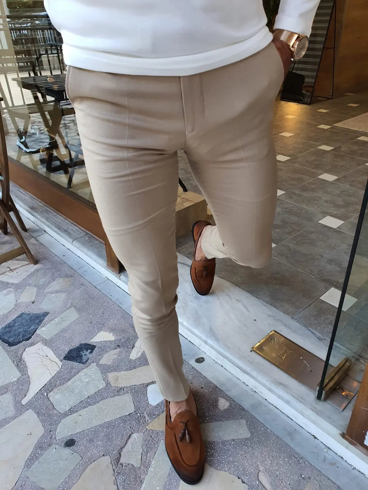 Stefano Beige Slim Fit Pants: Versatile Elegance for Every Occasion - BRABION