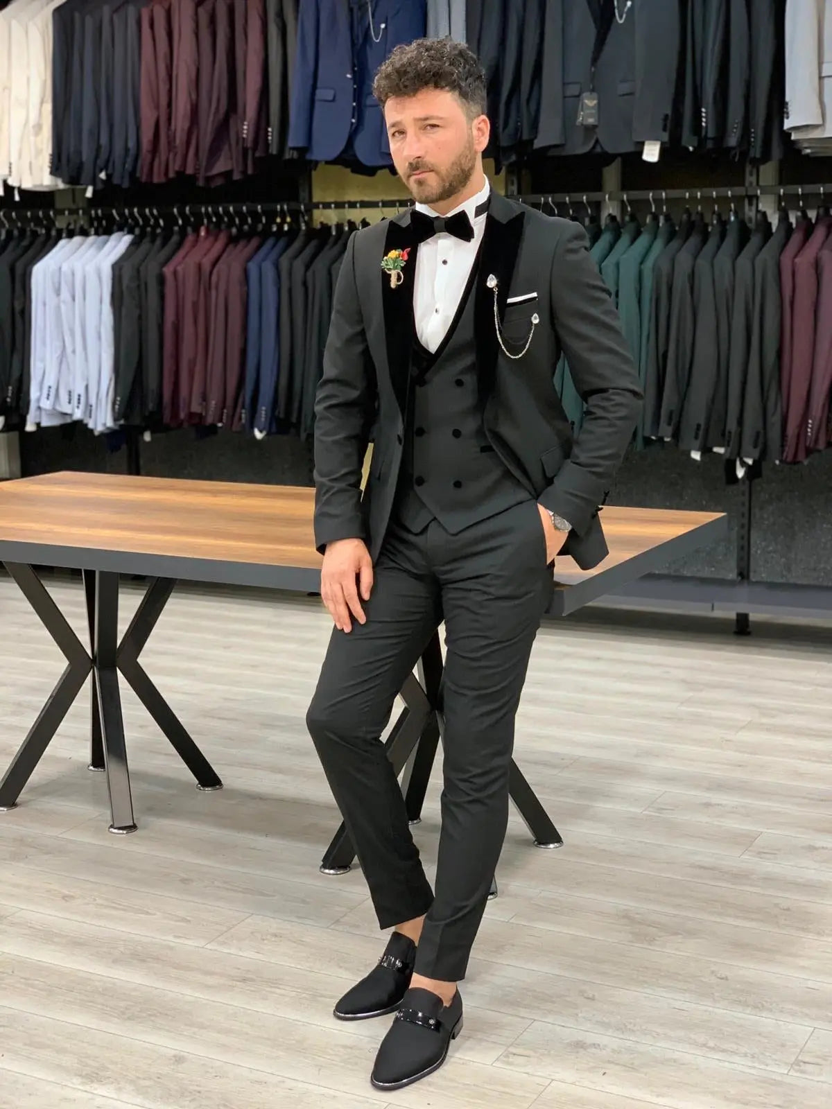 Wilson Black Slim Fit Velvet Peak Lapel Tuxedo - BRABION
