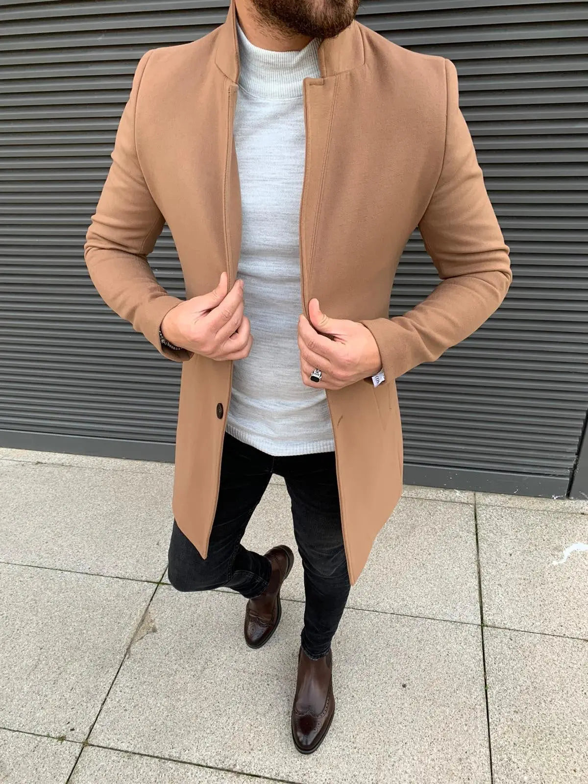 Kenzie Brown Slim Fit Wool Long Coat - BRABION