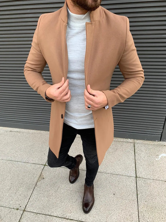 Kenzie Brown Slim Fit Wool Long Coat - BRABION