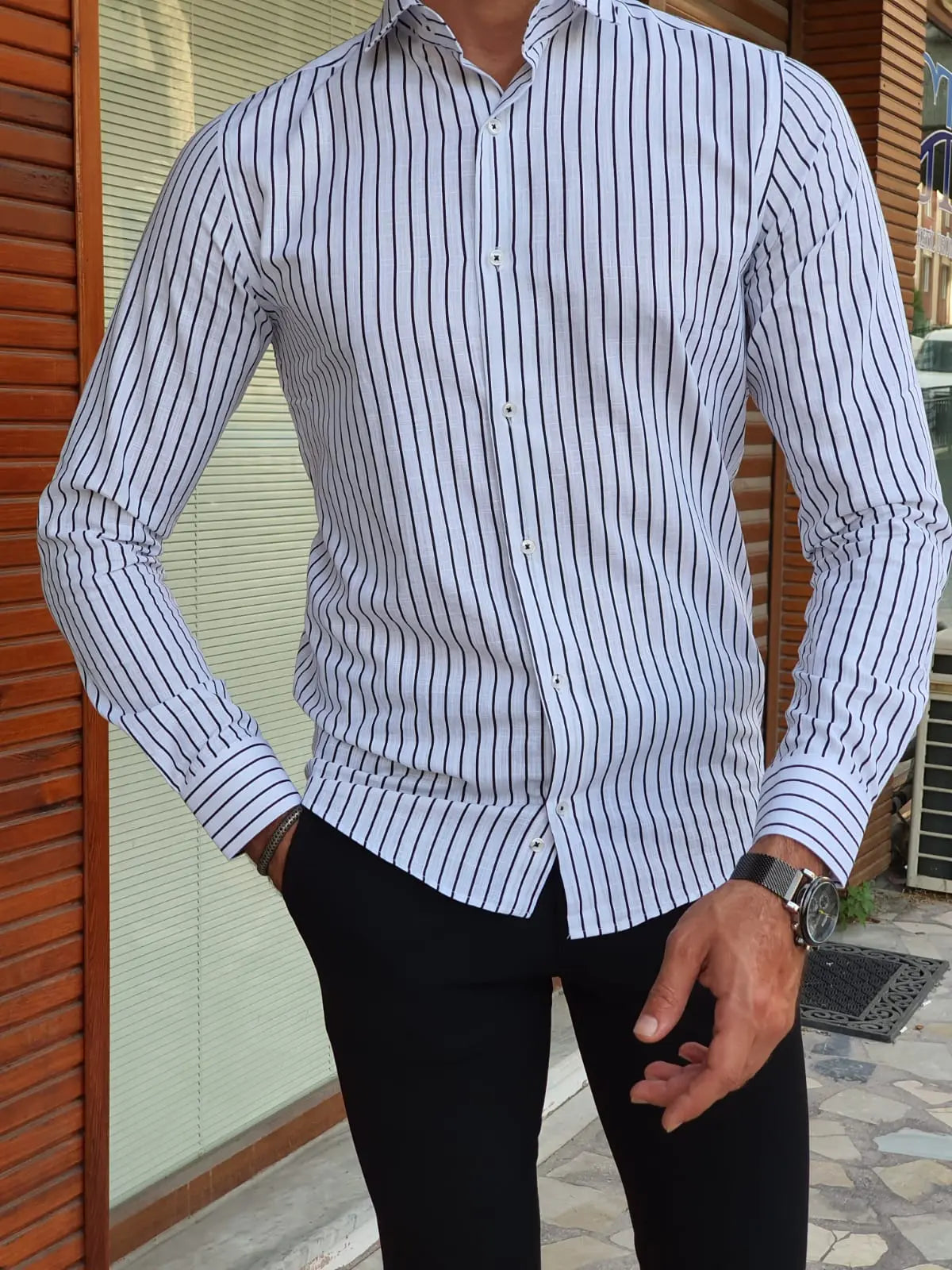 Brabion Berton Black Slim Fit Long Sleeve Striped Cotton Shirt - BRABION
