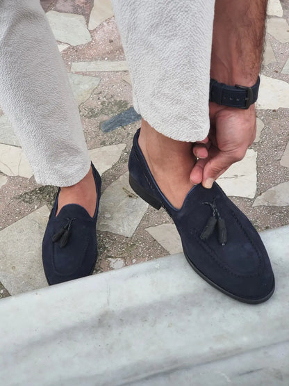 Bristol Navy Blue Suede Tassel Loafers - BRABION