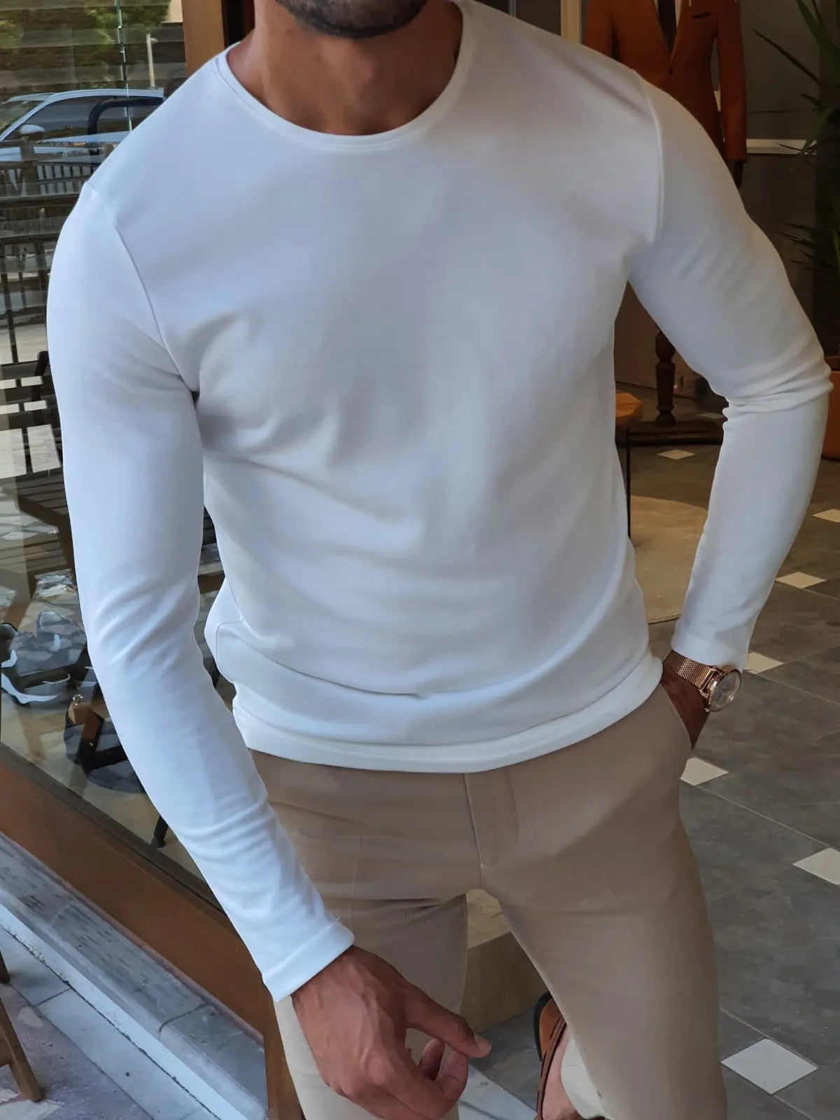 Stefano White Slim Fit Round Neck Sweater - BRABION