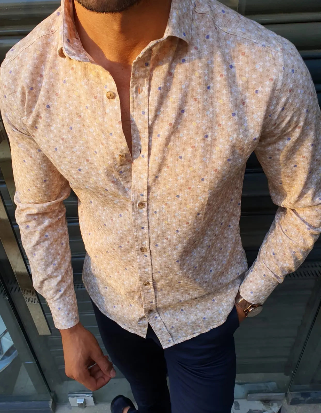 Brabion Stefano Beige Patterned Slim-Fit Cotton Shirt - BRABION