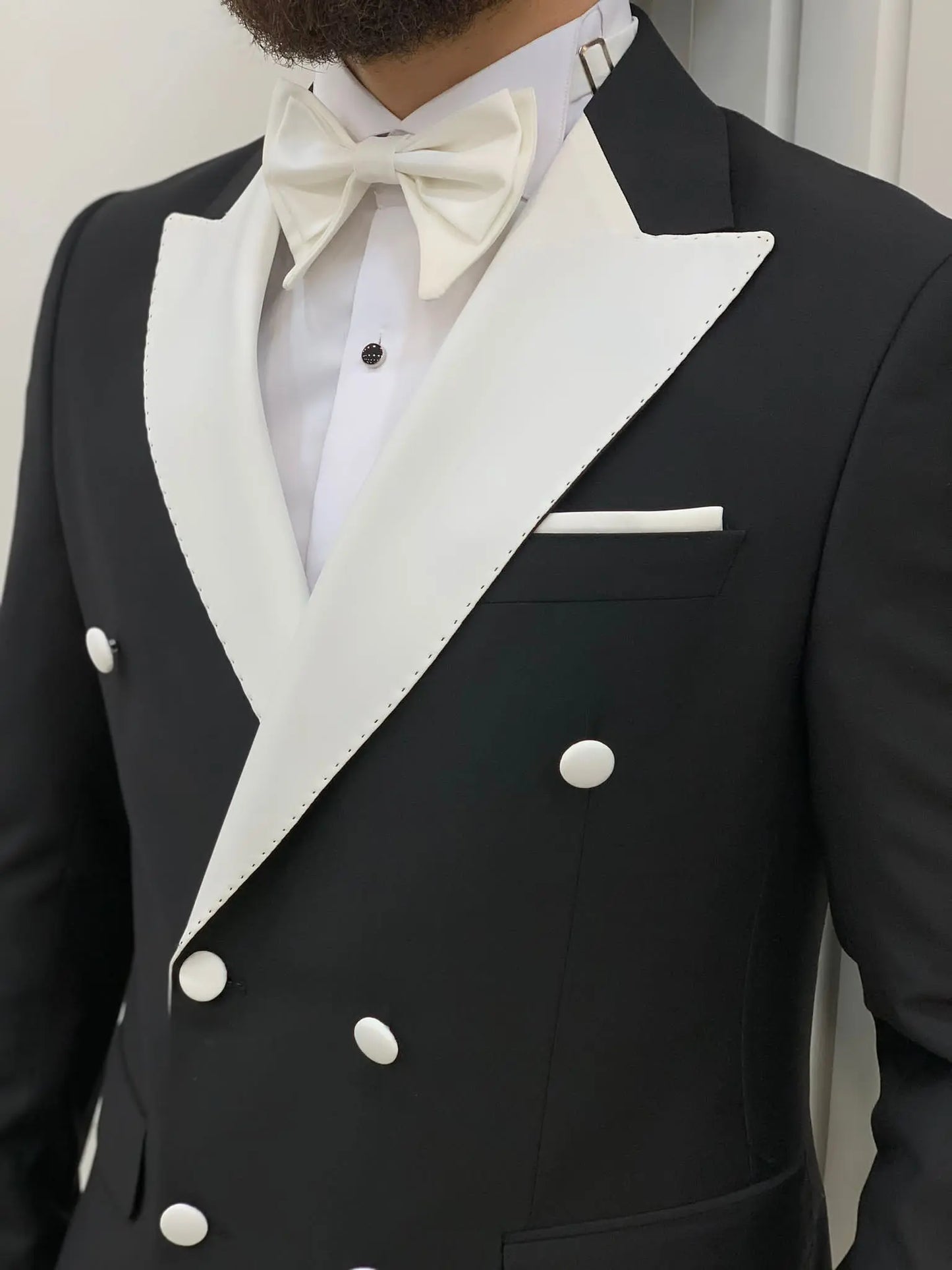 Paris White Black Slim Fit Double Breasted Tuxedo - BRABION