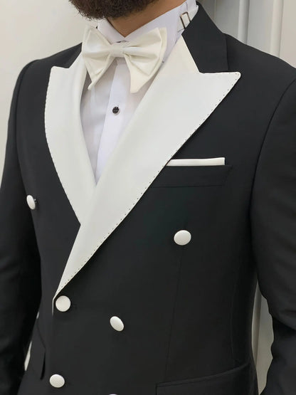 Paris White Black Slim Fit Double Breasted Tuxedo - BRABION