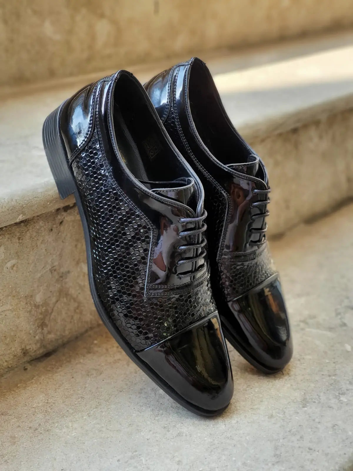 Henderson Black Wholecut Derbies - Navy Blue Patent Leather Elegance - BRABION
