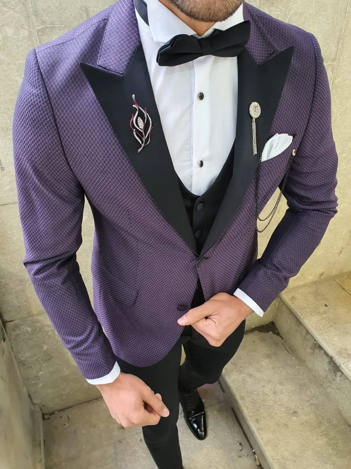 VillaNova Purple Slim Fit Patterned Tuxedo - BRABION