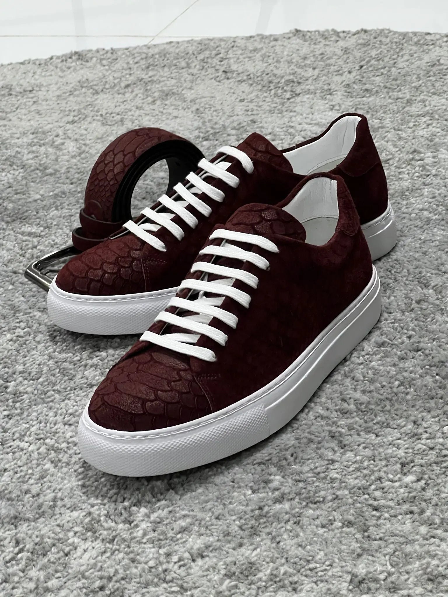 Lenzi Special Edition Suede Print Leather Burgundy Sneakers - BRABION
