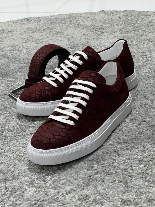Lenzi Special Edition Suede Print Leather Burgundy Sneakers - BRABION