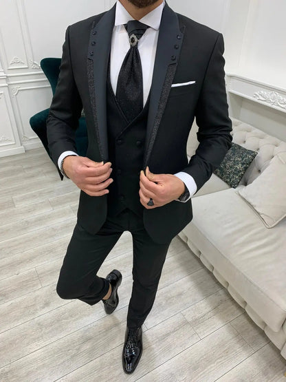 Forte Black Slim Fit Glitter Peak Lapel Wedding Suit - BRABION