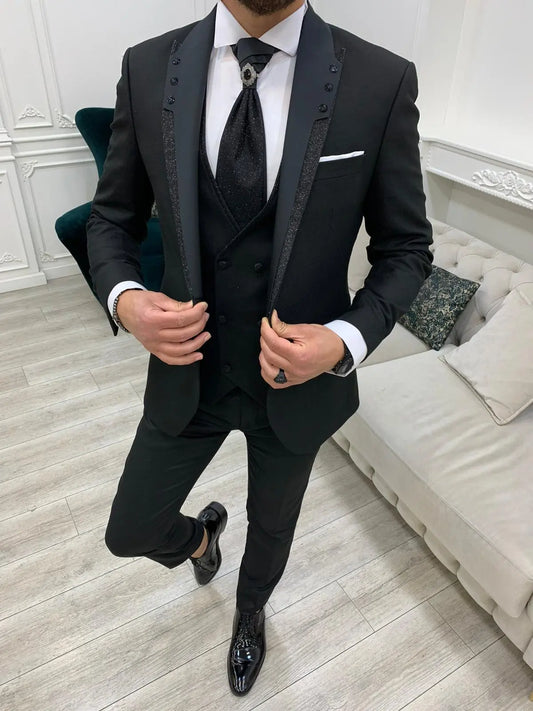 Forte Black Slim Fit Glitter Peak Lapel Wedding Suit - BRABION