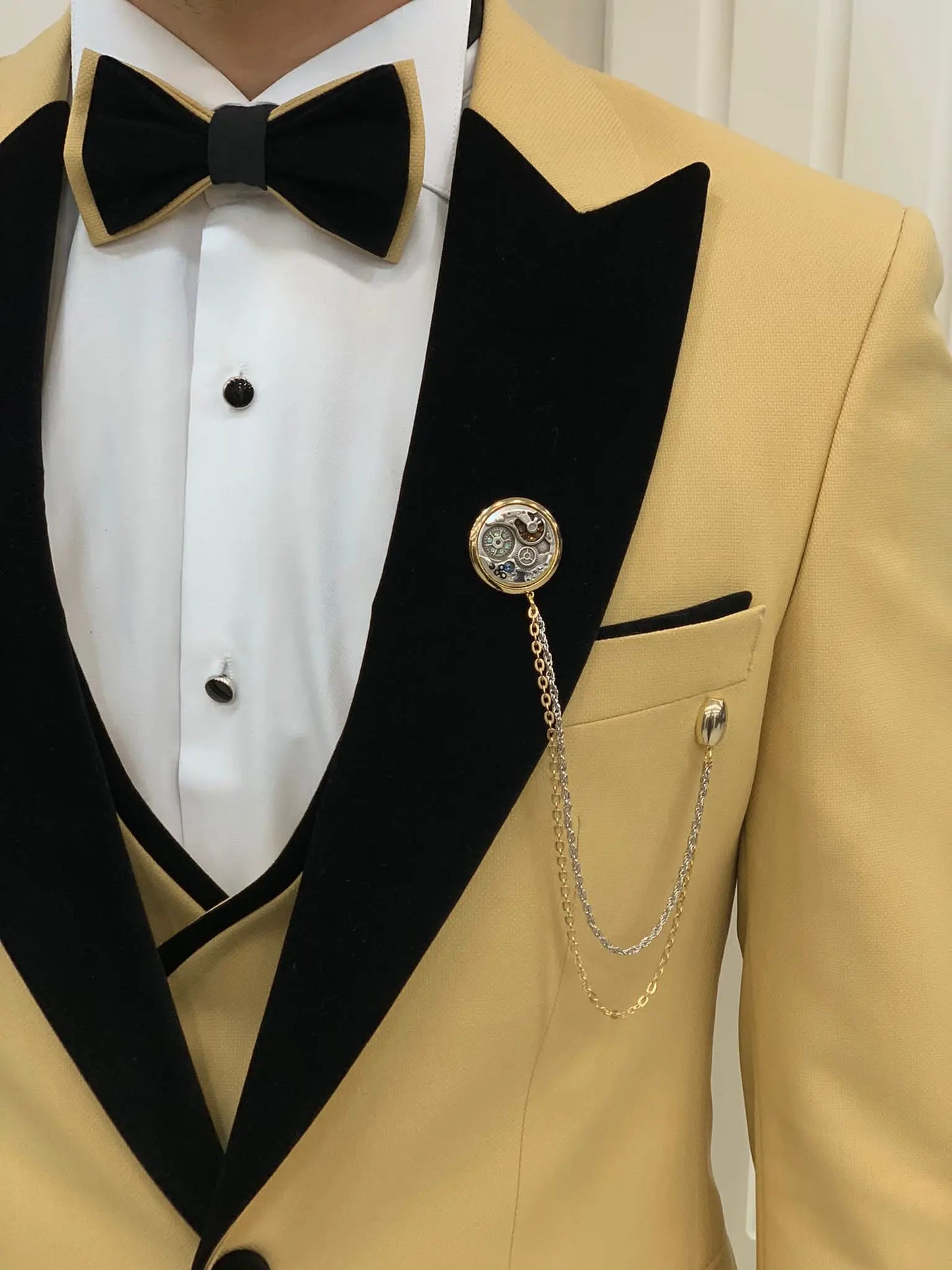 Eden Yellow Slim Fit Velvet Peak Lapel Tuxedo - BRABION