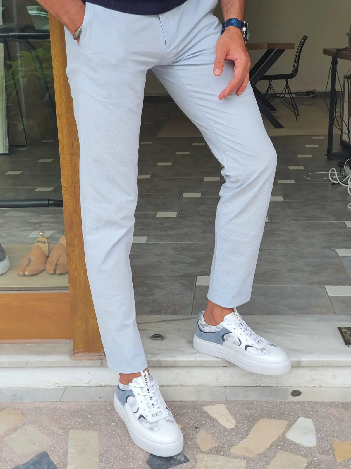 Berton Blue Slim Fit Cotton Pants - BRABION