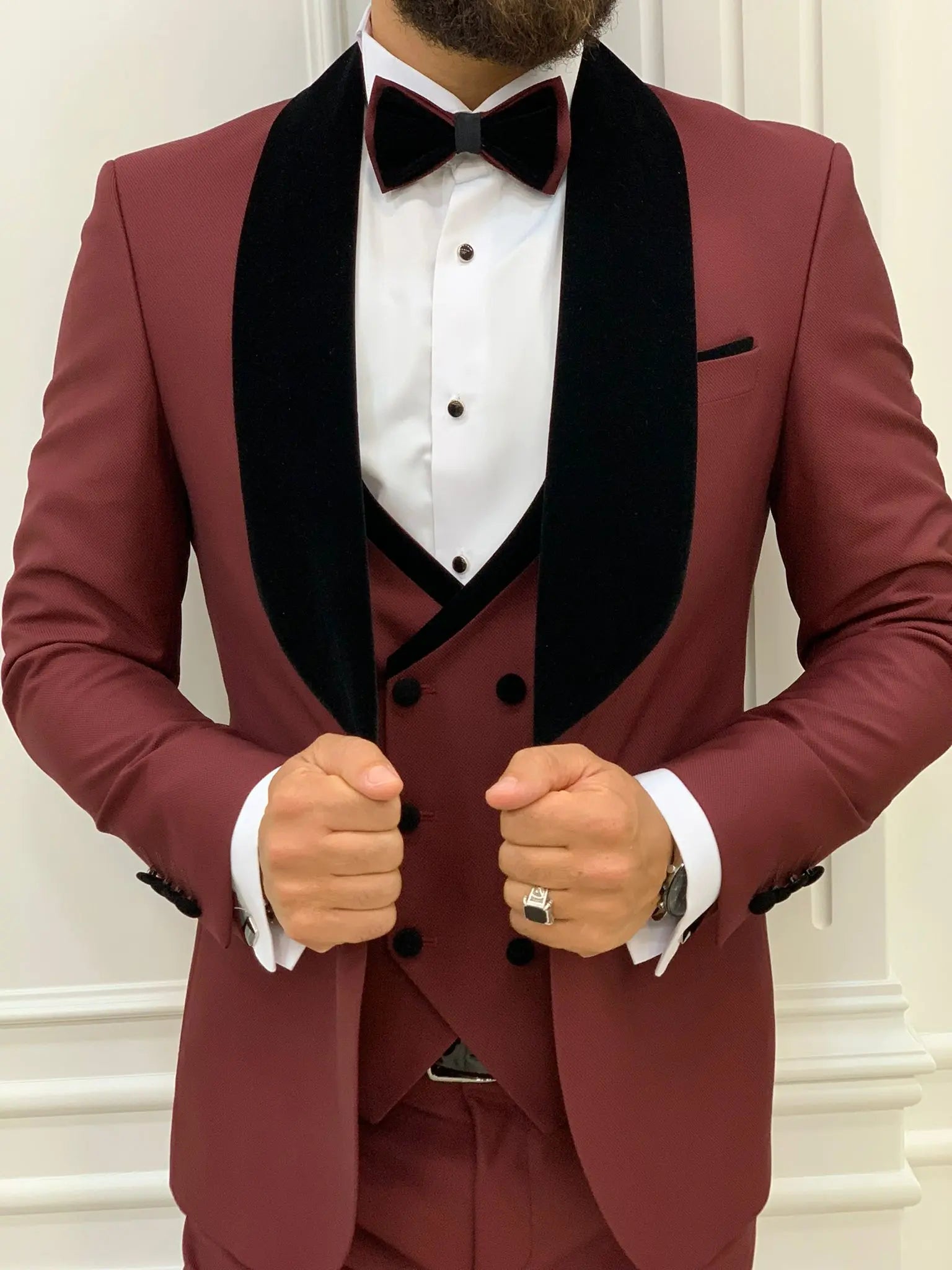 Lazio Burgundy Slim Fit Velvet Shawl Lapel Tuxedo - BRABION