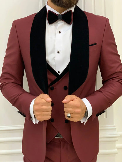 Lazio Burgundy Slim Fit Velvet Shawl Lapel Tuxedo - BRABION