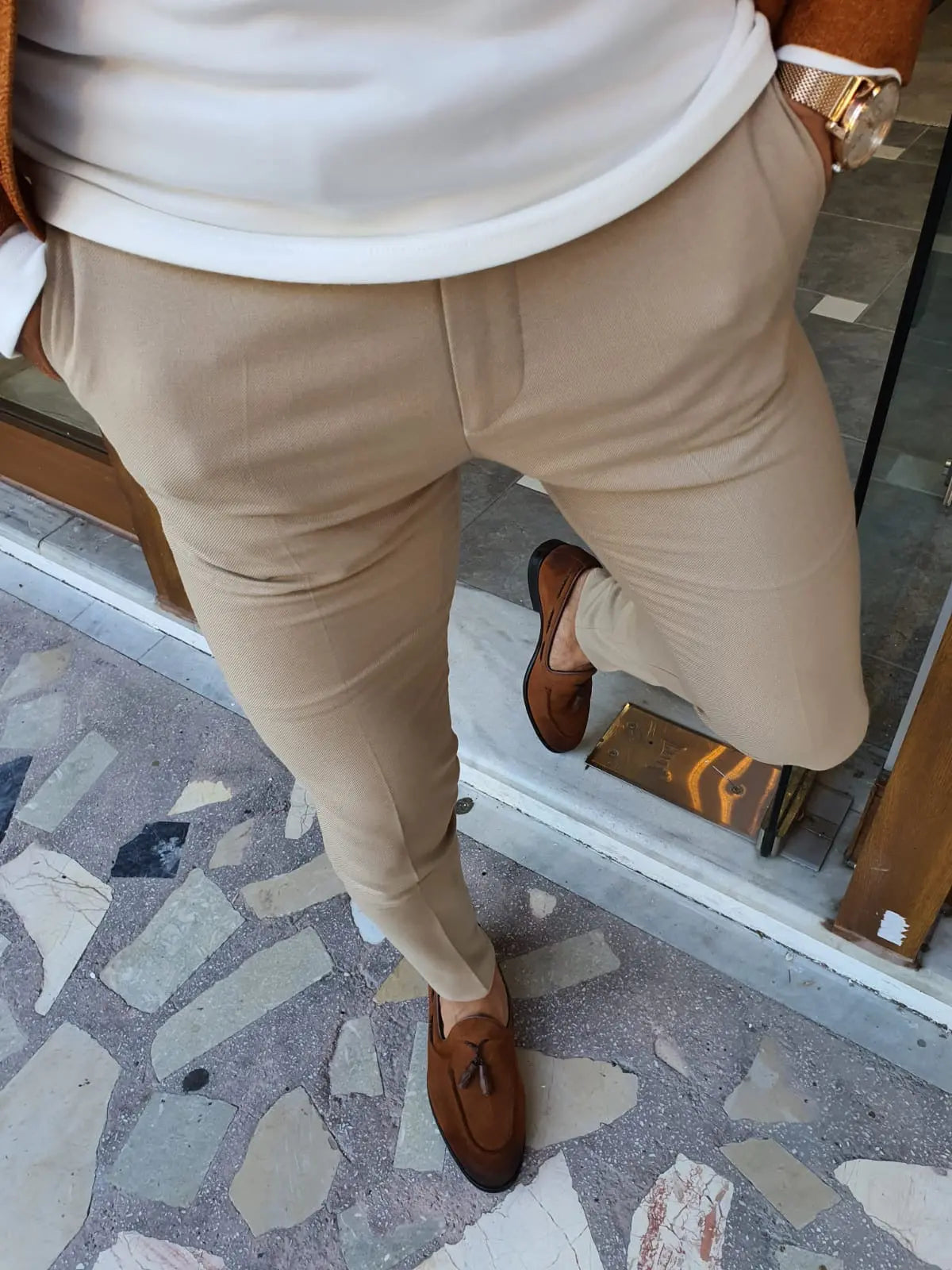 Stefano Beige Slim Fit Pants: Versatile Elegance for Every Occasion - BRABION