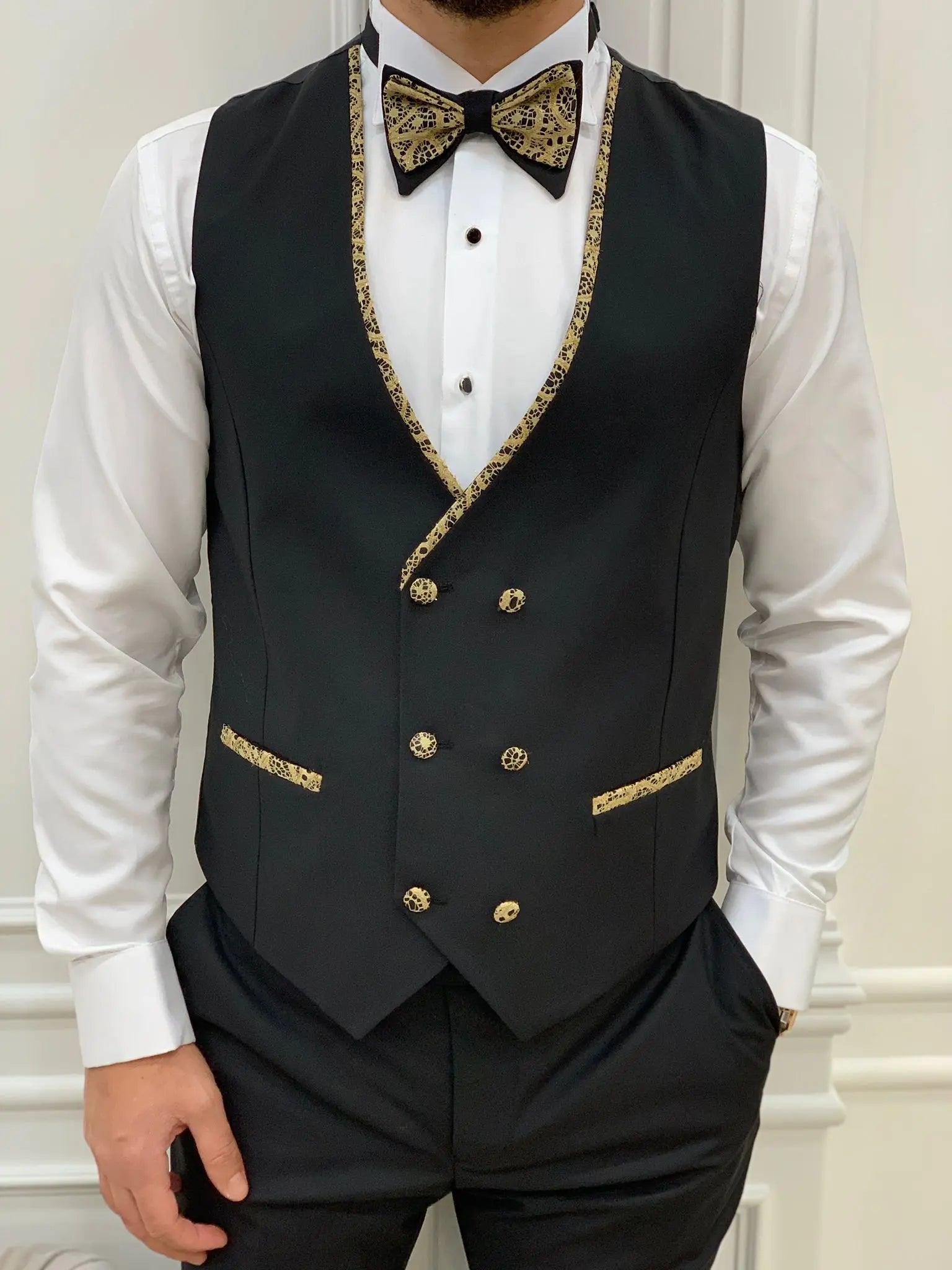 Caesar Golden Slim Fit Peak Lapel Floral Patterned Tuxedo - BRABION