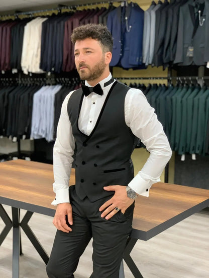 Wilson Black Slim Fit Velvet Peak Lapel Tuxedo - BRABION