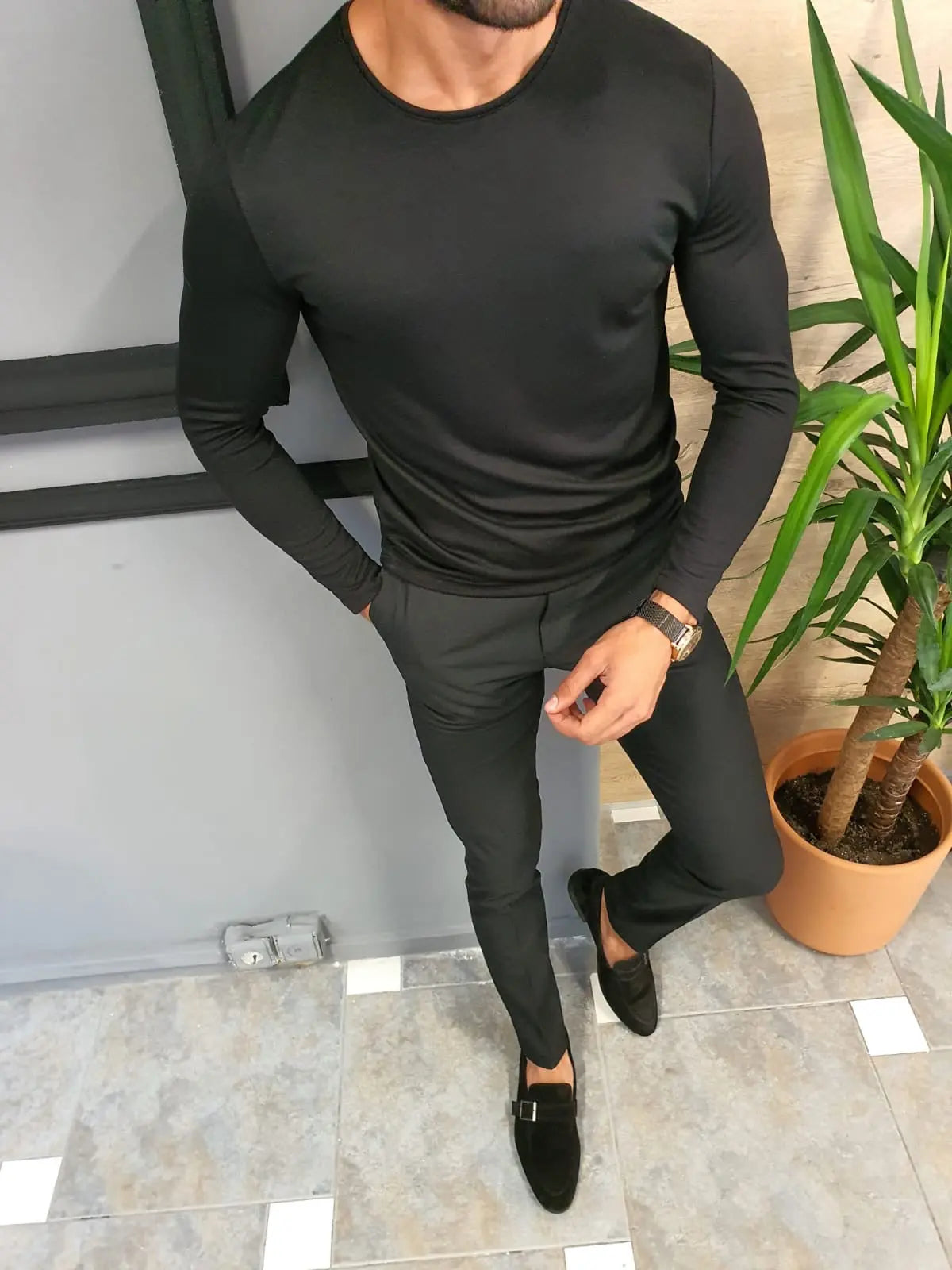 Stefano Black Slim Fit Round Neck Sweater - BRABION