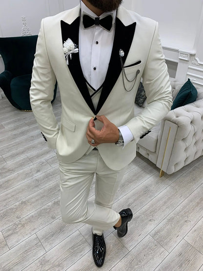 Acacia White Slim Fit Velvet Peak Lapel Tuxedo - Elevate Your Formal Wardrobe - BRABION