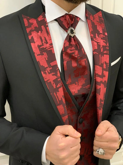 Paris Burgundy Black Slim Fit Peak Lapel Wedding Suit - BRABION