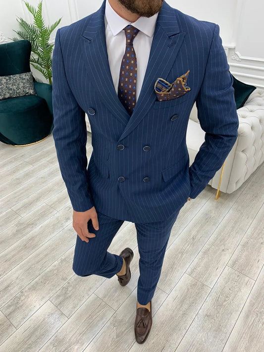 Milano Navy Blue Slim Fit Double Breasted Pinstripe Suit BOJONI