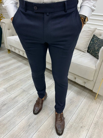 Serra Navy Blue Slim Fit Pants - The Perfect Fusion of Style and Comfort - BRABION