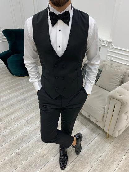 Caesar Black Slim Fit Peak Lapel Floral Patterned Tuxedo - BRABION