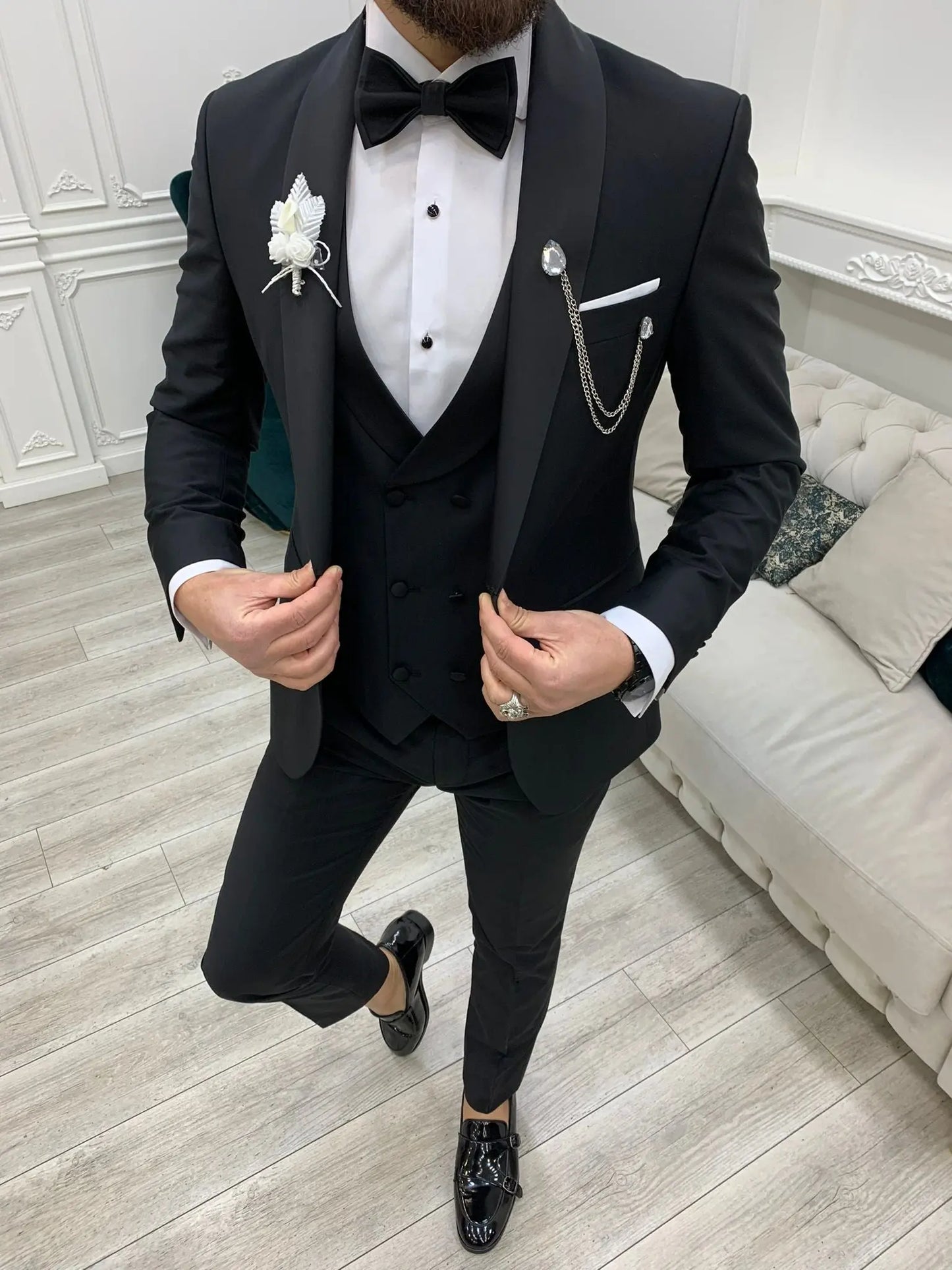 Avion Black Slim Fit Shawl Lapel Tuxedo: The Pinnacle of Formal Elegance - BRABION