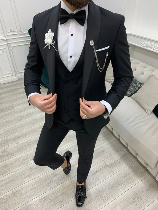 Avion Black Slim Fit Shawl Lapel Tuxedo: The Pinnacle of Formal Elegance - BRABION