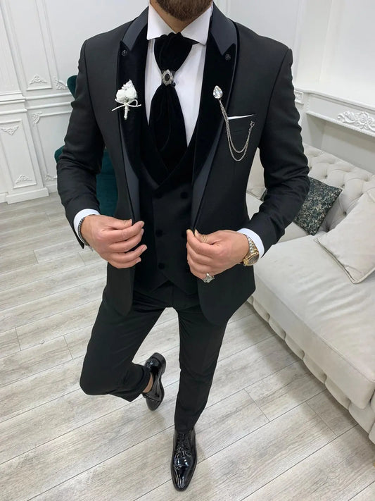 Forte Black Slim Fit Velvet Peak Lapel Wedding Suit - BRABION