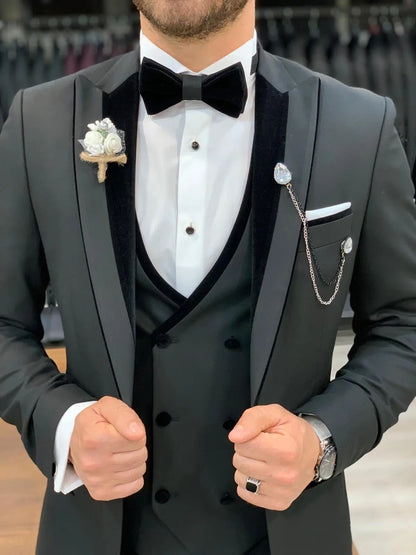 Wilson Black Slim Fit Velvet Peak Lapel Tuxedo: Timeless Elegance for Formal Occasions - BRABION