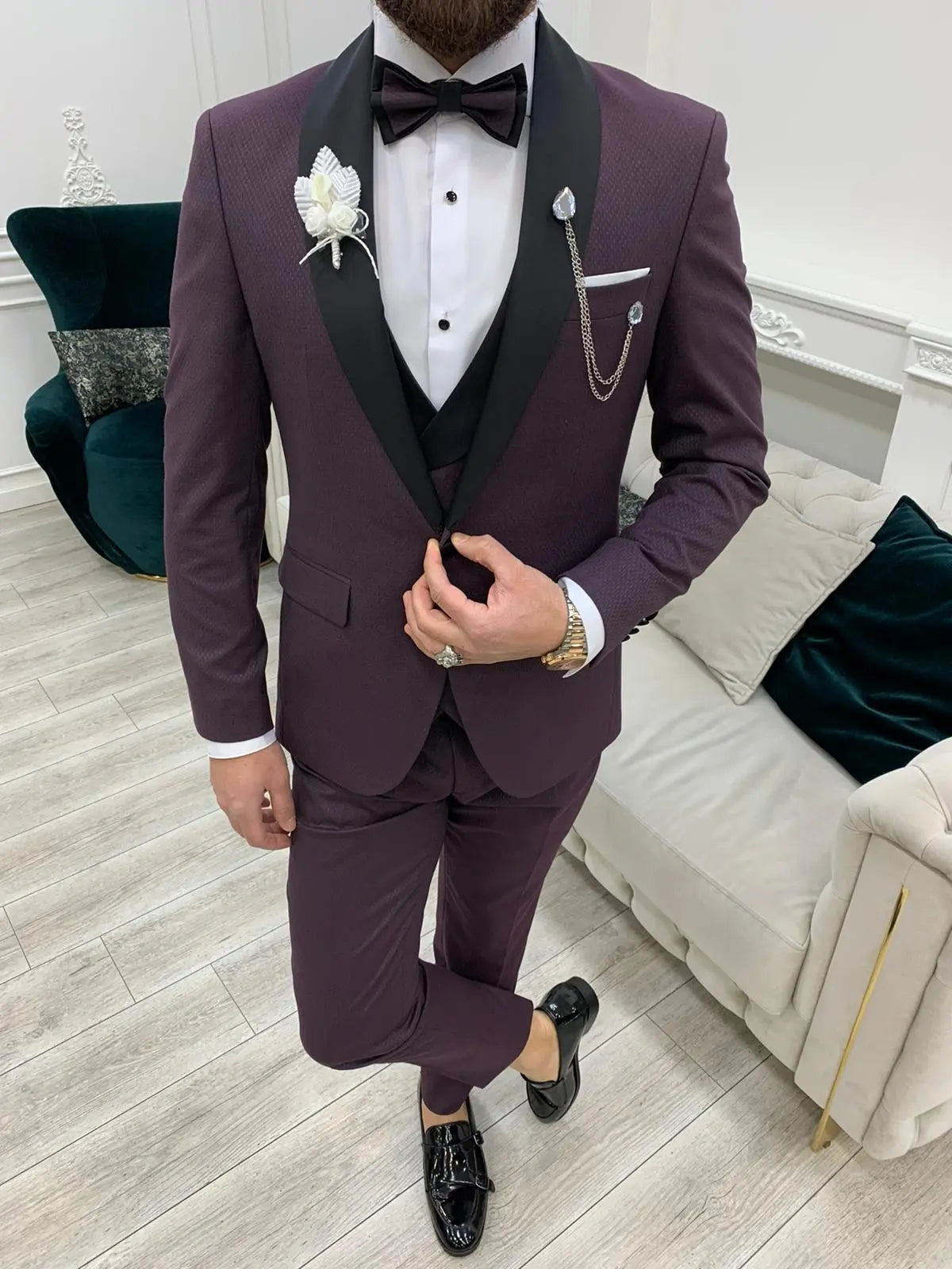 Avion Burgundy Slim Fit Shawl Lapel Tuxedo - BRABION