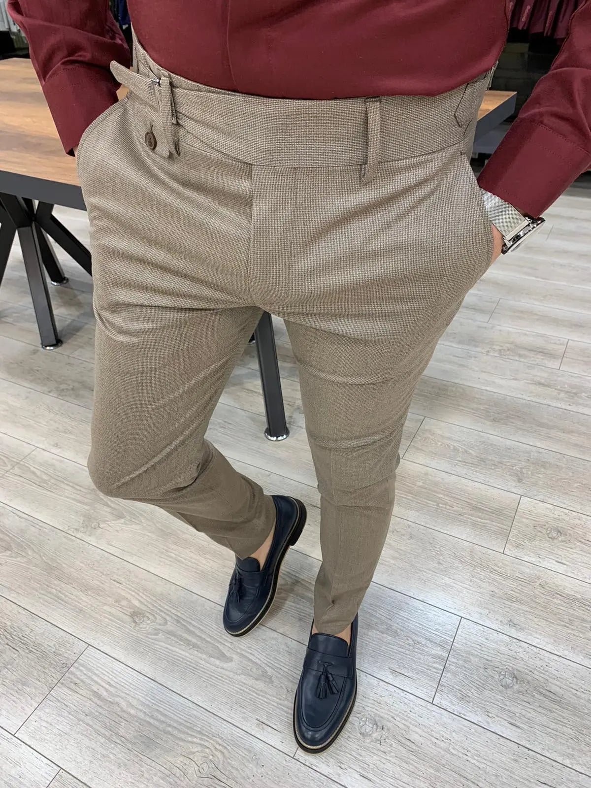Jake Light Brown Pleated Buckled Slim Pants - BRABION