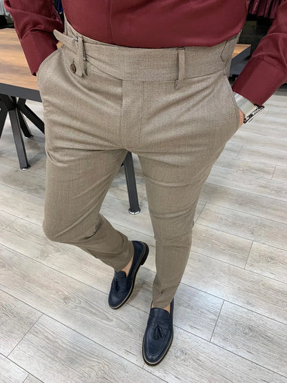 Jake Light Brown Pleated Buckled Slim Pants - BRABION