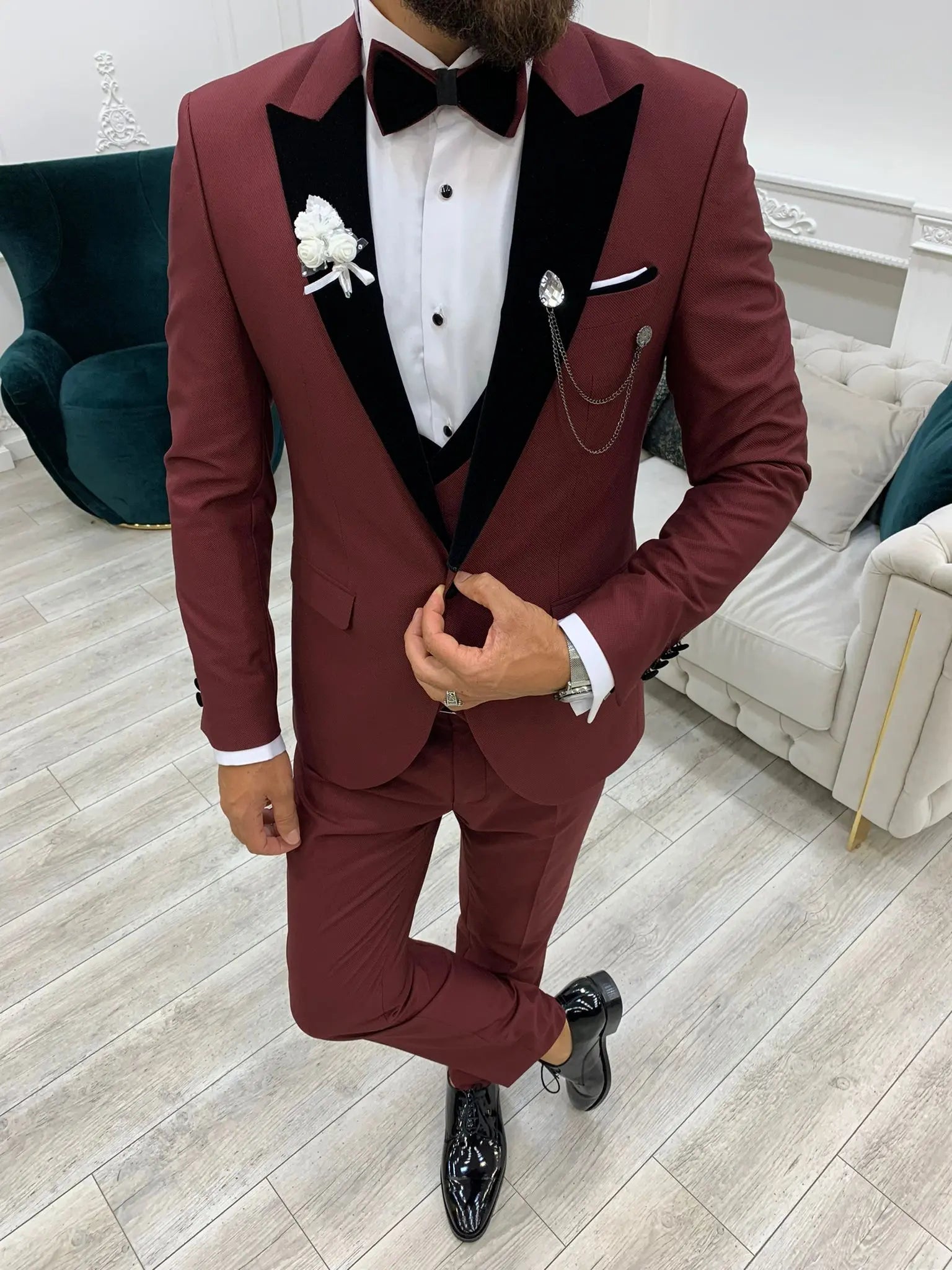 Acacia Burgundy Slim Fit Velvet Peak Lapel Tuxedo - BRABION