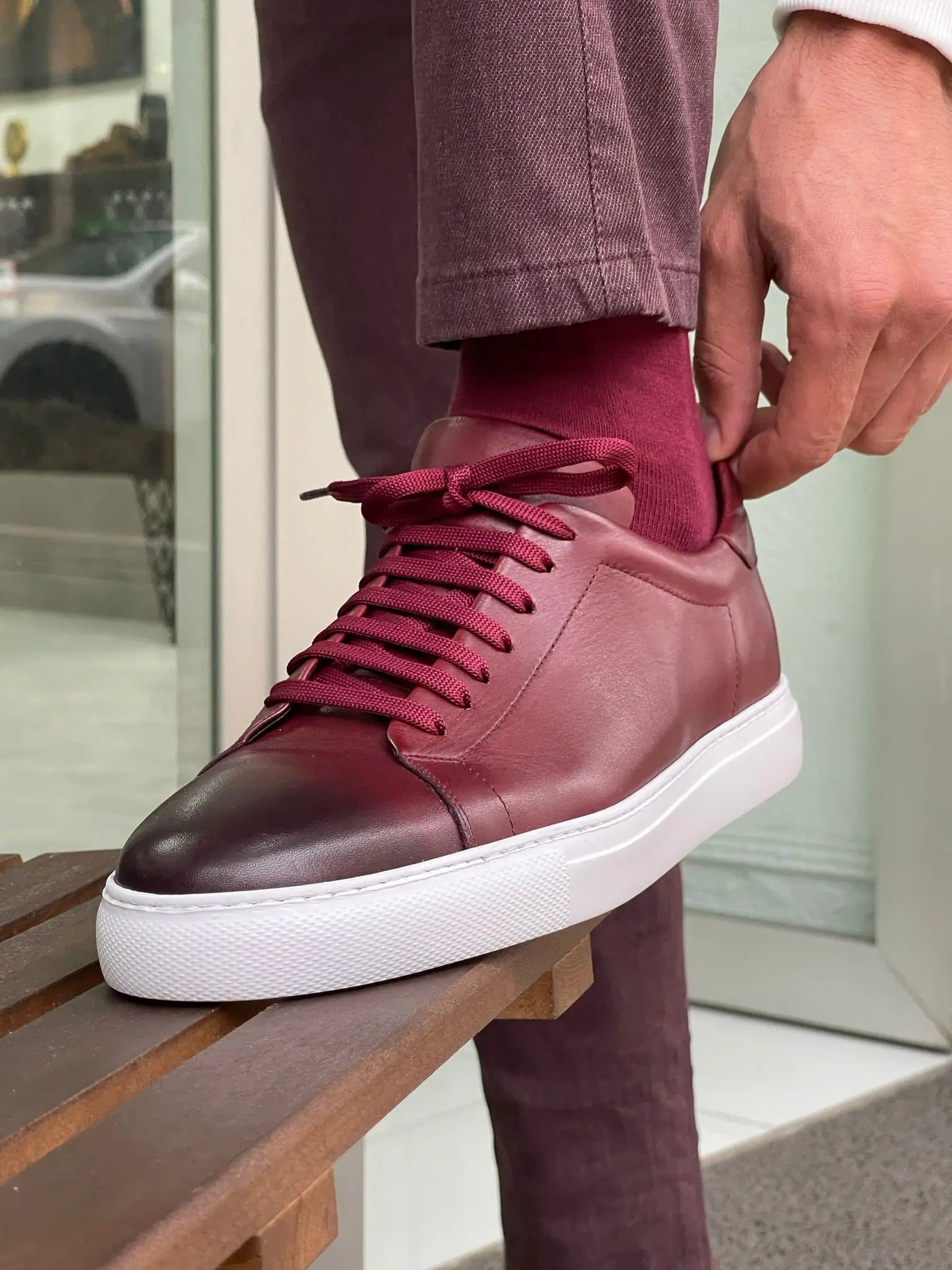 Martin Burgundy Lace-Up Mid-Top Sneakers - BRABION