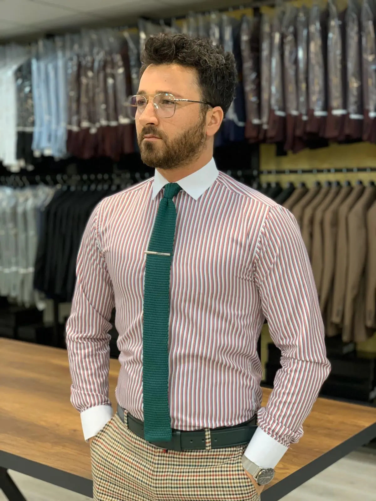 Jake Claret Red Striped Slim Fit Shirt - BRABION