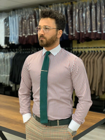Jake Claret Red Striped Slim Fit Shirt - BRABION
