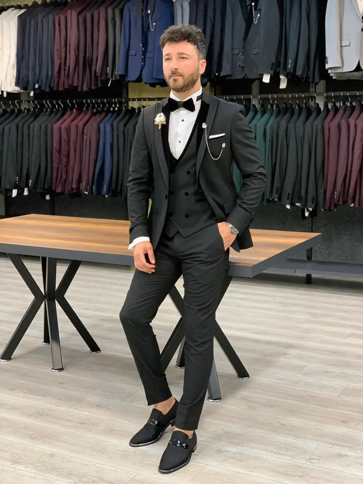 Wilson Black Slim Fit Velvet Peak Lapel Tuxedo: Timeless Elegance for Formal Occasions - BRABION