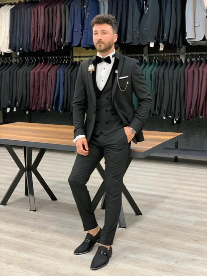 Wilson Black Slim Fit Velvet Peak Lapel Tuxedo: Timeless Elegance for Formal Occasions - BRABION