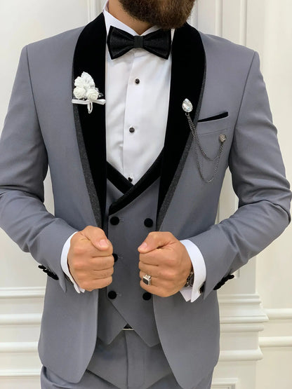 Acacia Gray Slim Fit Velvet Shawl Lapel Tuxedo - BRABION
